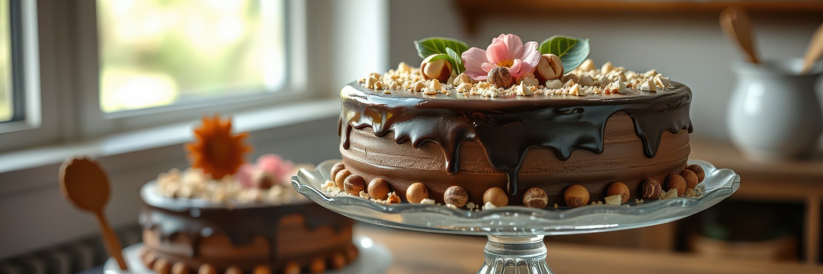 Chocolate cake centerpiece with floral decoration in a cozy kitchen setting during daylight